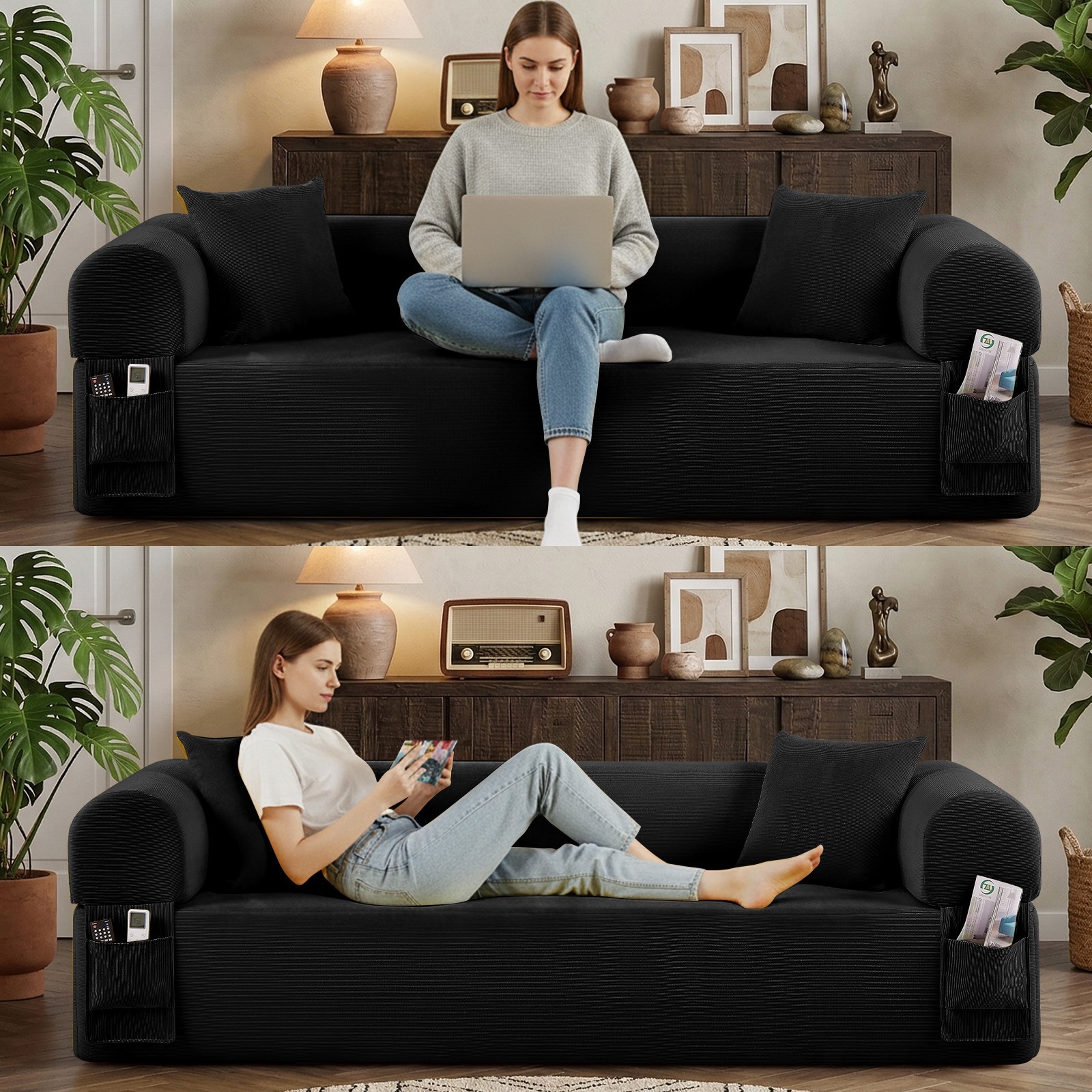 2-in-1 Convertible Sofa Bed,Corduroy Cloud Floor Boneless Couch for Living Room