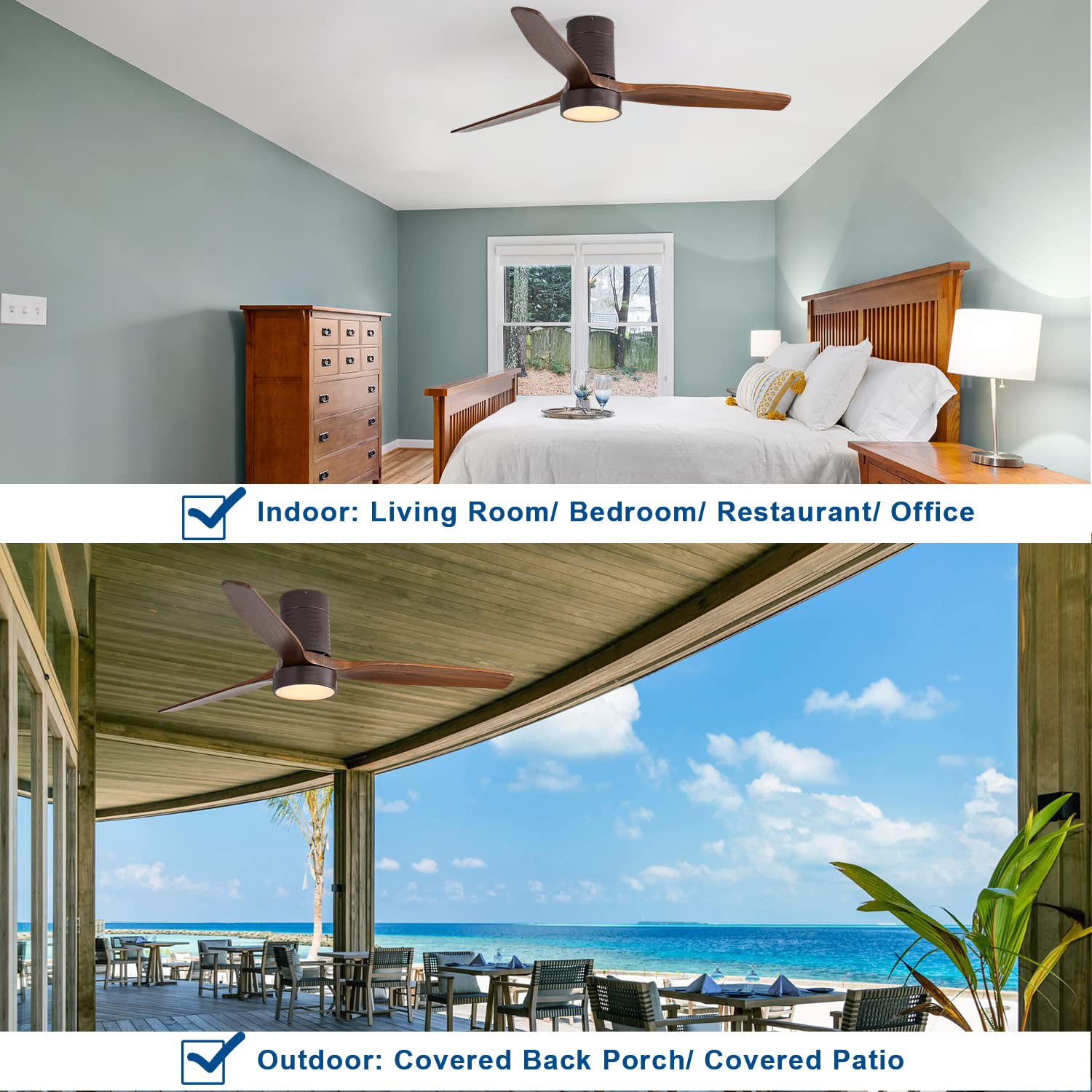 52"Flush Mount Ceiling Fan with LED Light and Remote Control Solid Wood Blades