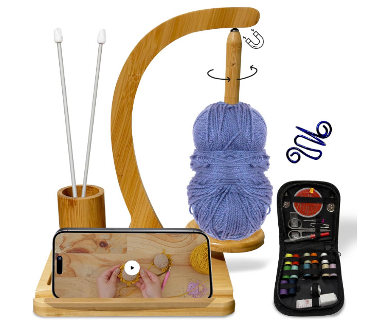 Wooden Yarn Holder Spinner Stand w/ Sewing Kit Crochet Ring Phone Slot
