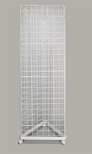 Wire Grid Triangle Tower Display Rack Casters Rolling Casters White 2' x 6 ½' H