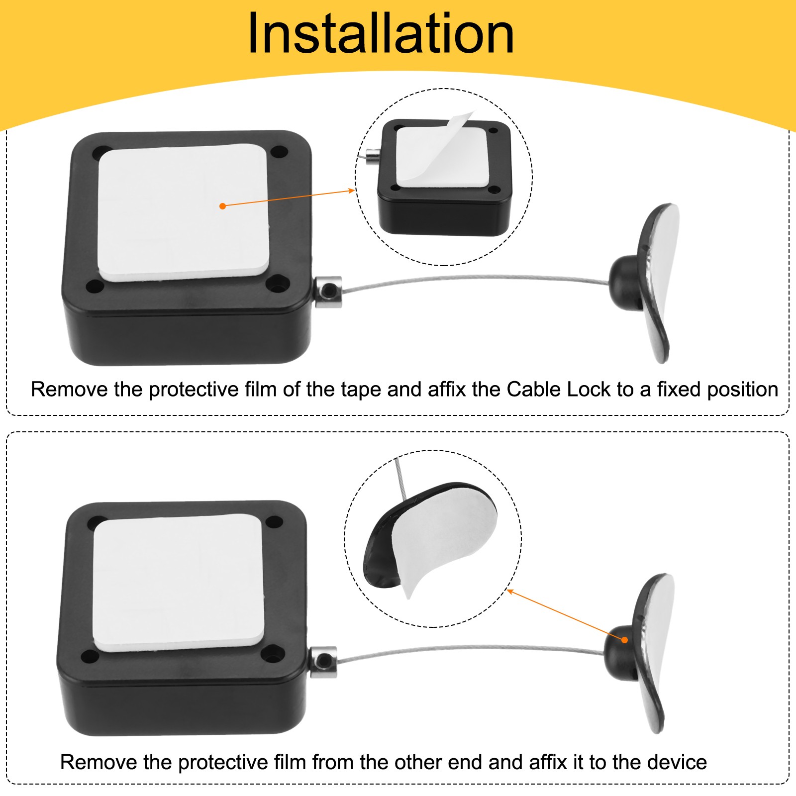 4.9 ft Retractable Cable Security Lock with Arc Patch 600g, Black, 4 Pack