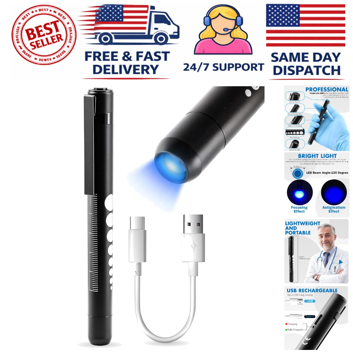 Professional-Grade Cobalt Blue Penlight with Clip - Essential for Eye Exams