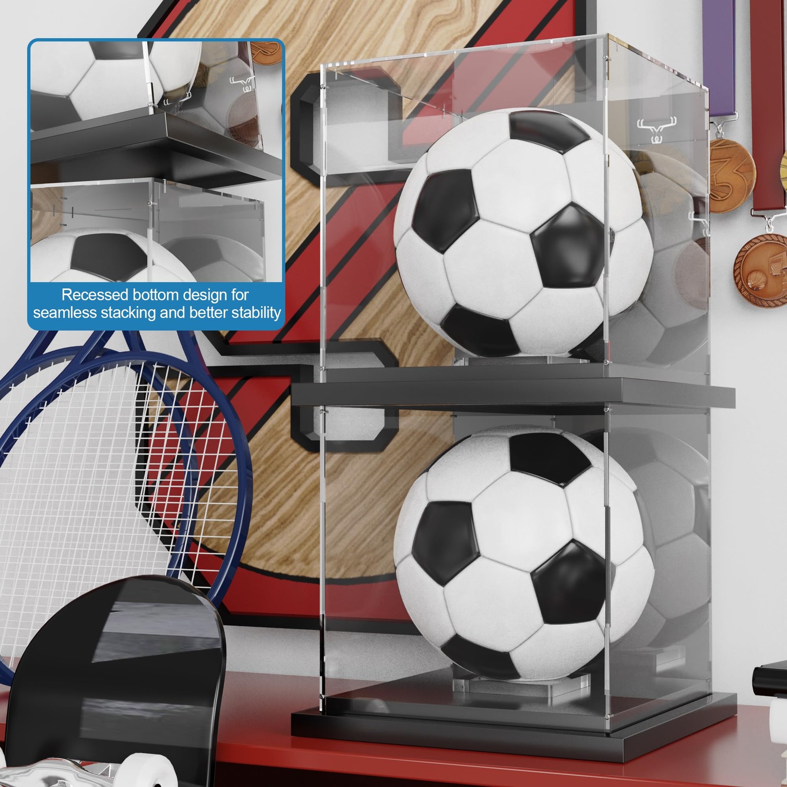 Soccer Ball Display Case Clear Acrylic Display Case Box with Mirror Back and ...