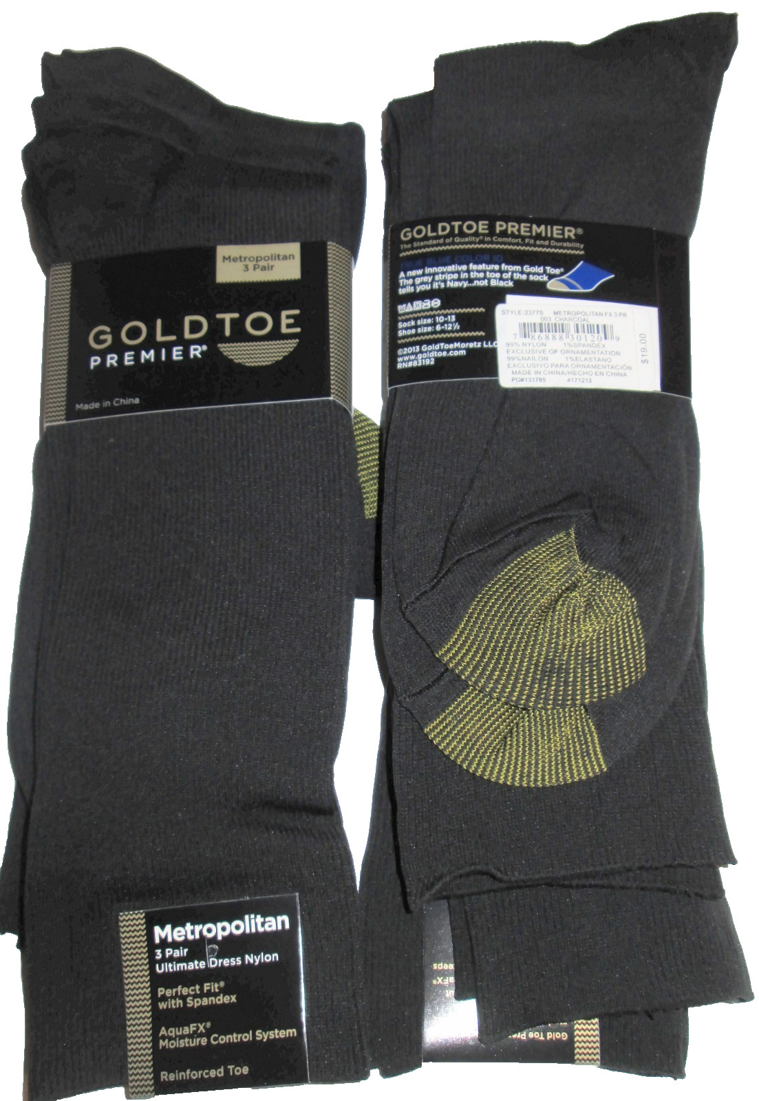 3 Pairs Mens Gold Toe Premier Metropolitan Black Nylon Dress Crew Socks