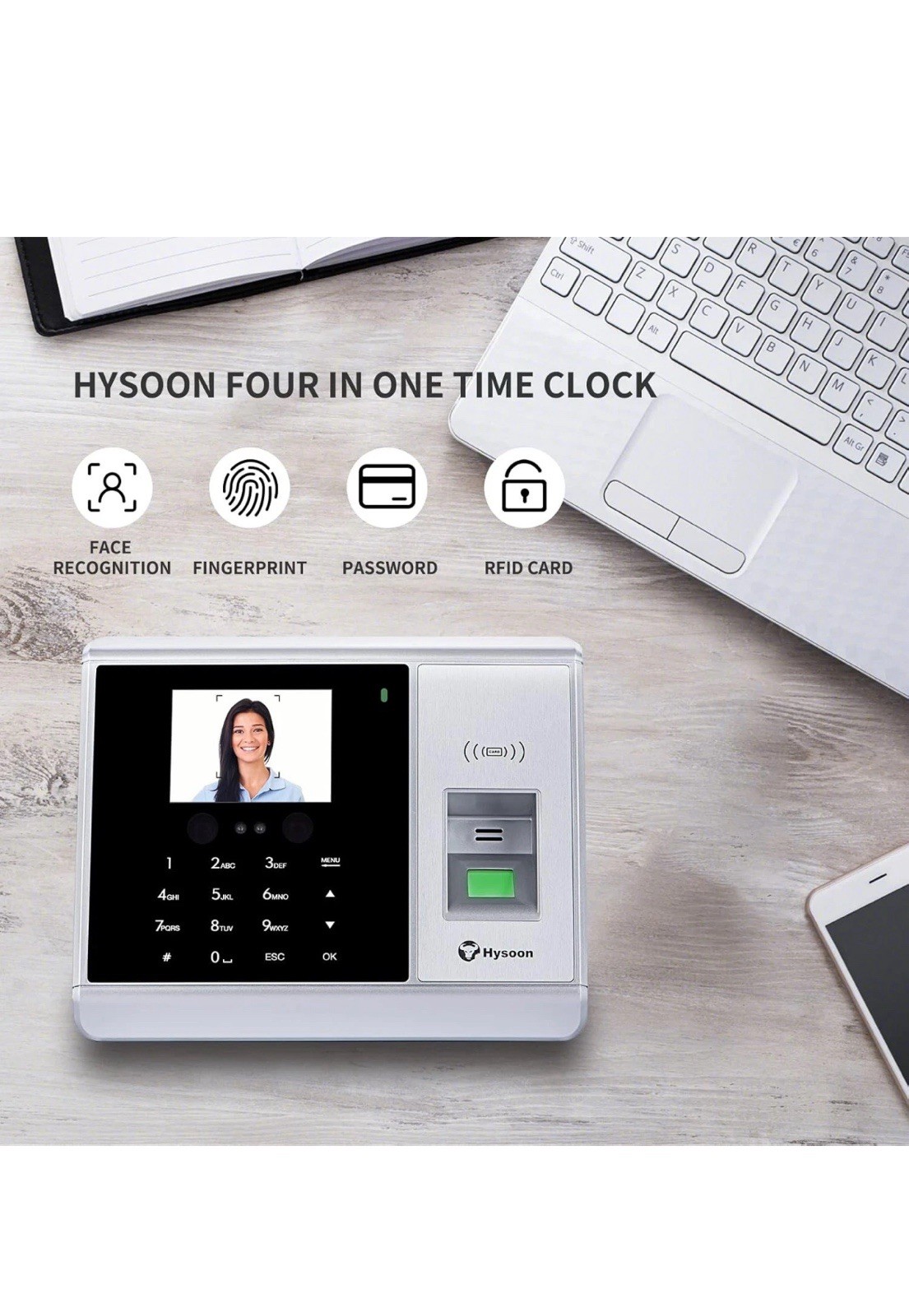 Hysoon Fingerprint Time Clock, 2.8-inch LCD Screen, Touch Keyboard,