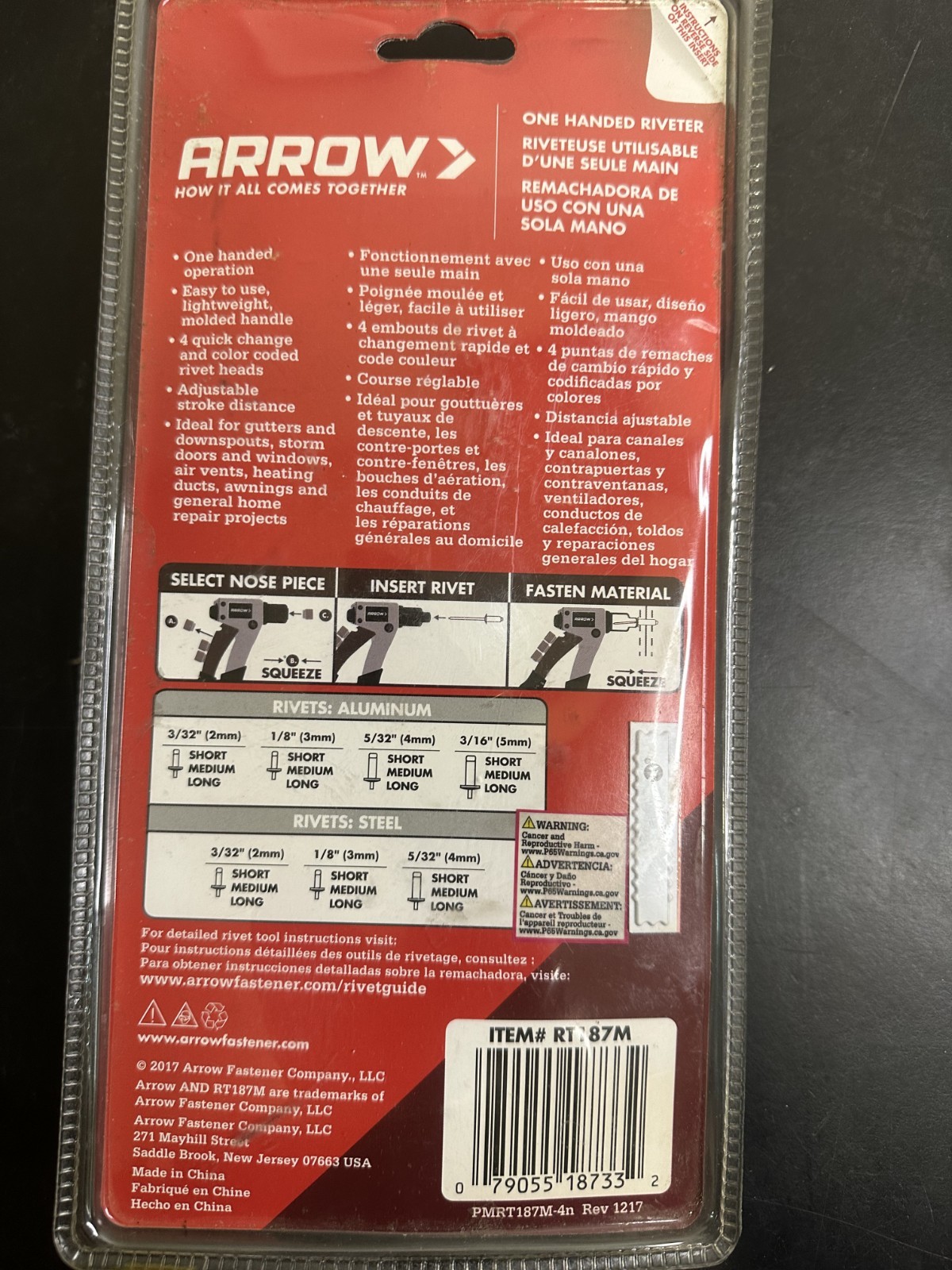 Arrow One Handed Riveter Tool Quick Change Color Coded Rivet Heads