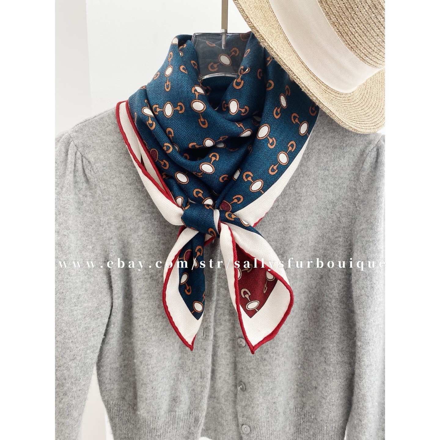 Sallys 70% Cashmere & 30% Silk Scarf Chains Print Hand Rolled Square Shawl 35"