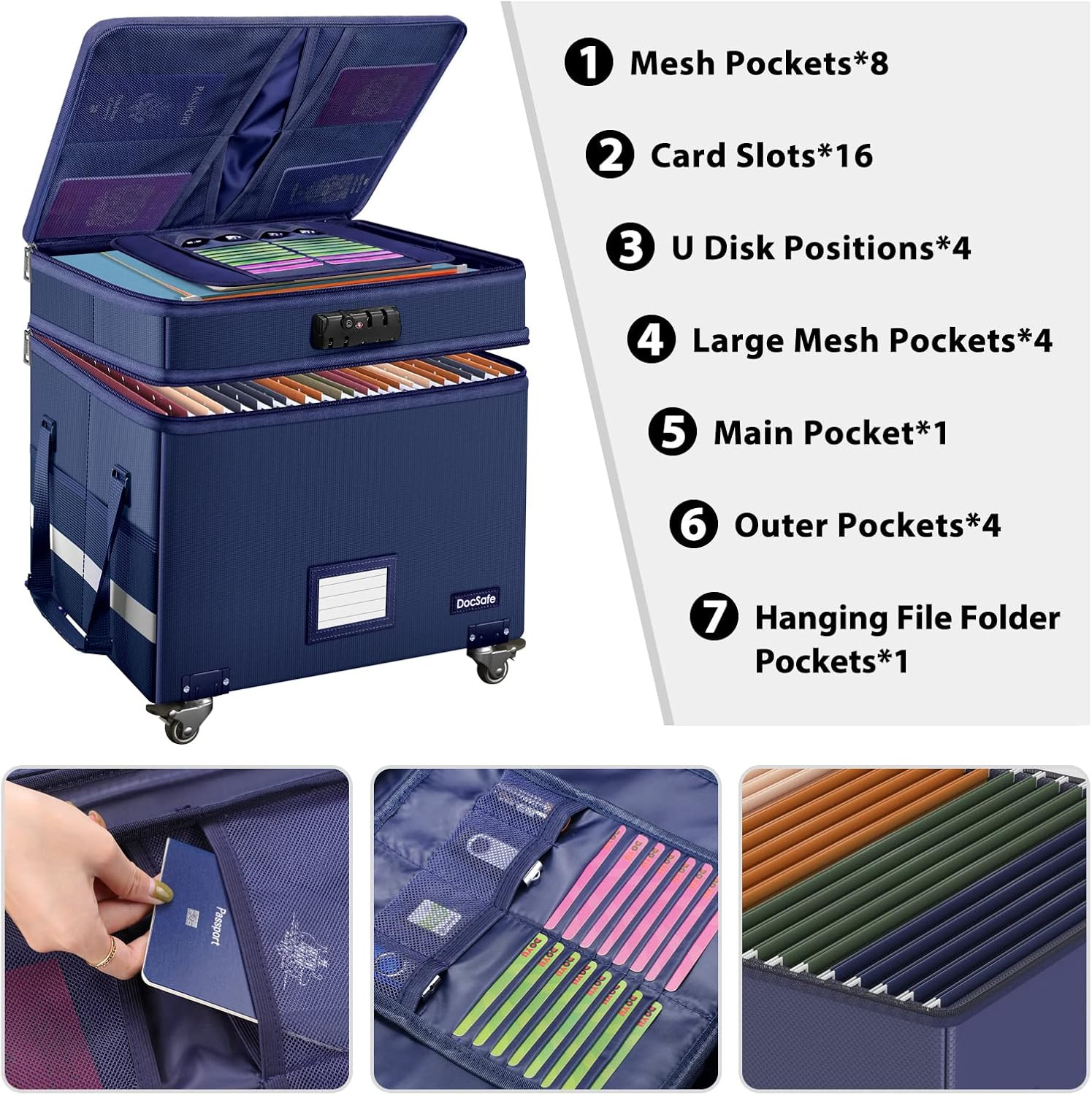 File Box with Lock, 2-Layer Fireproof Document Box with Wheels,Collapsible File