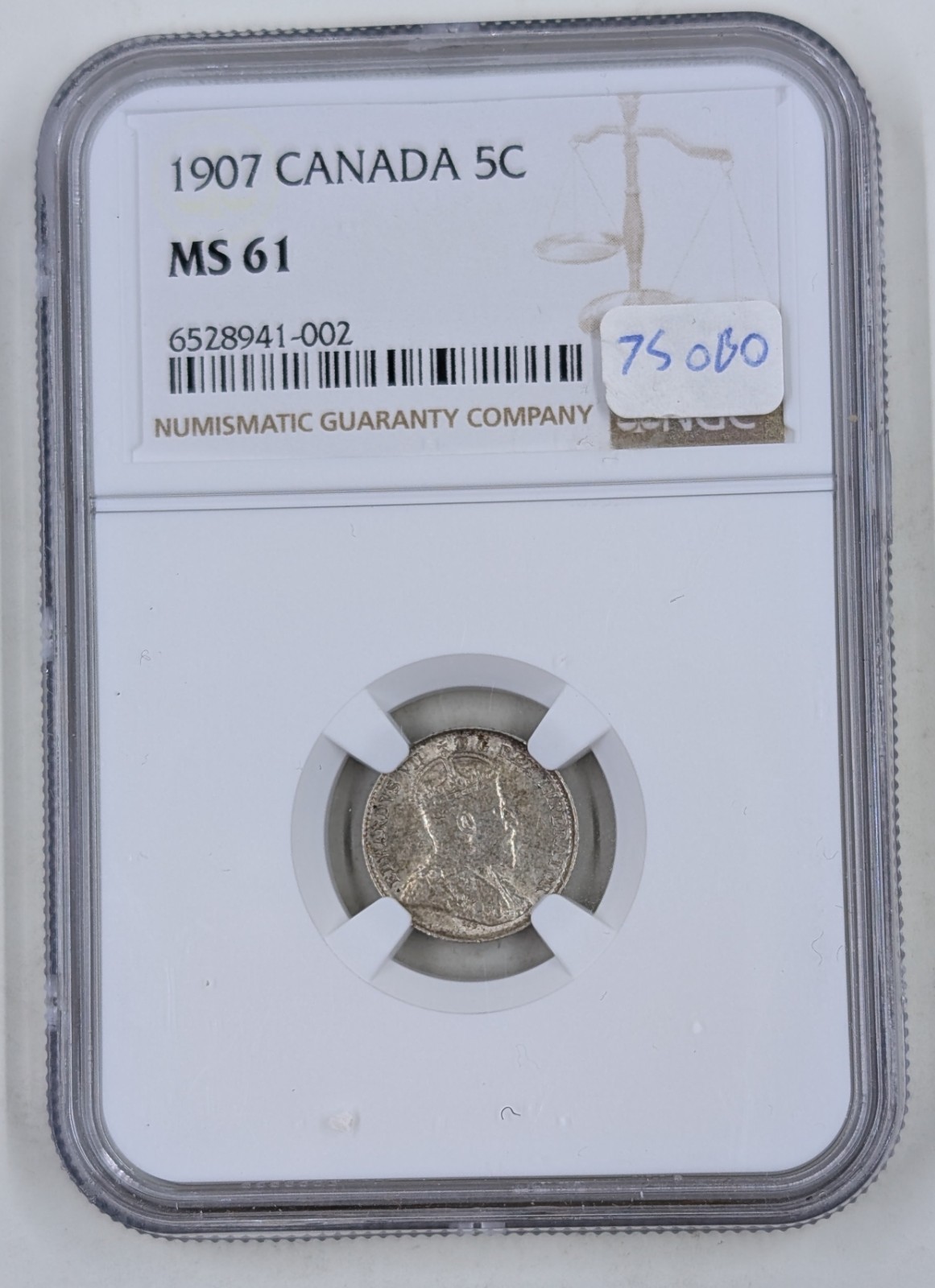 1907 Canada MS61 5 Five 5 Cent Silver Piece NGC Graded