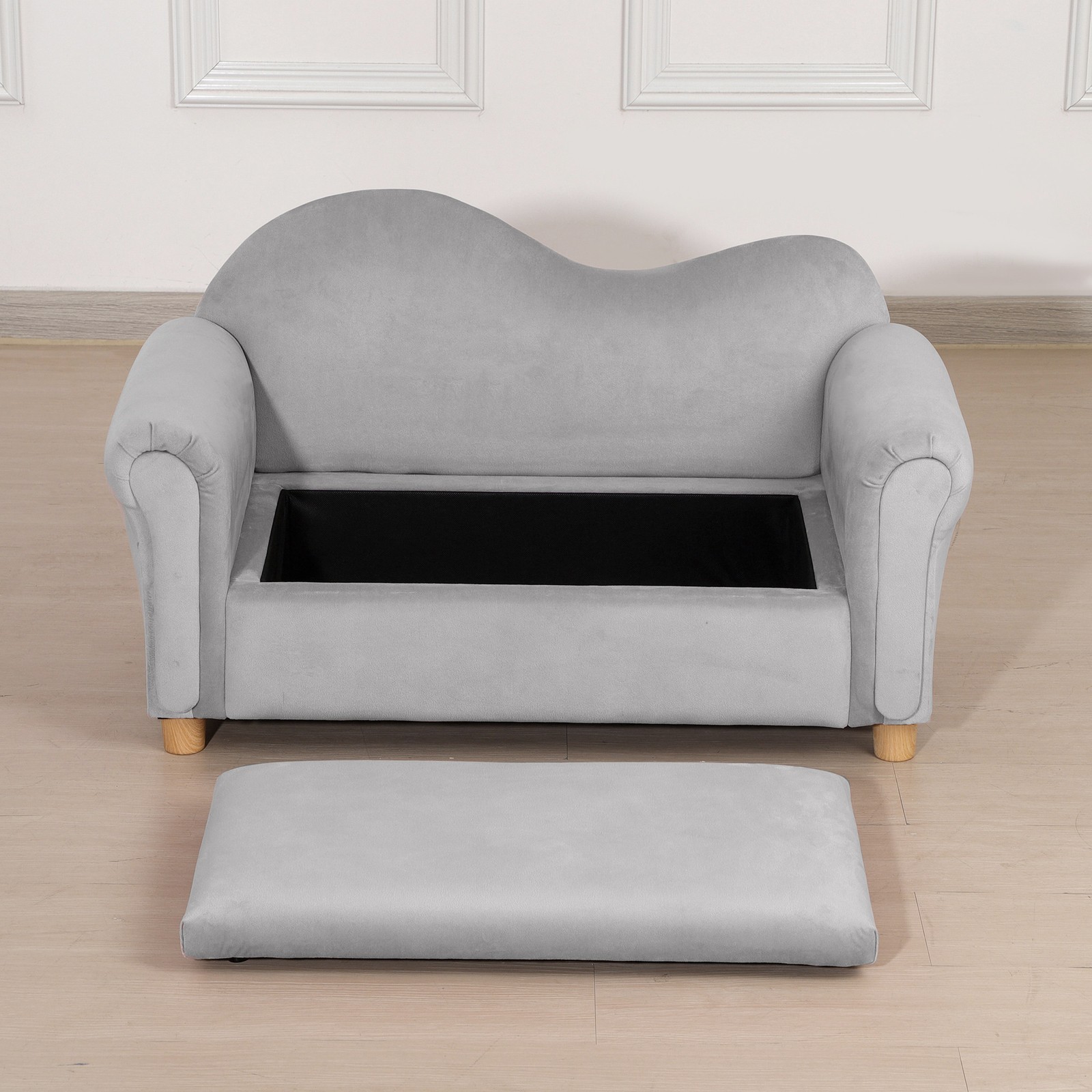 Foam and Velvet Kids Sofa with Inner Storage, Kids Couch with Soft Arms, Grey
