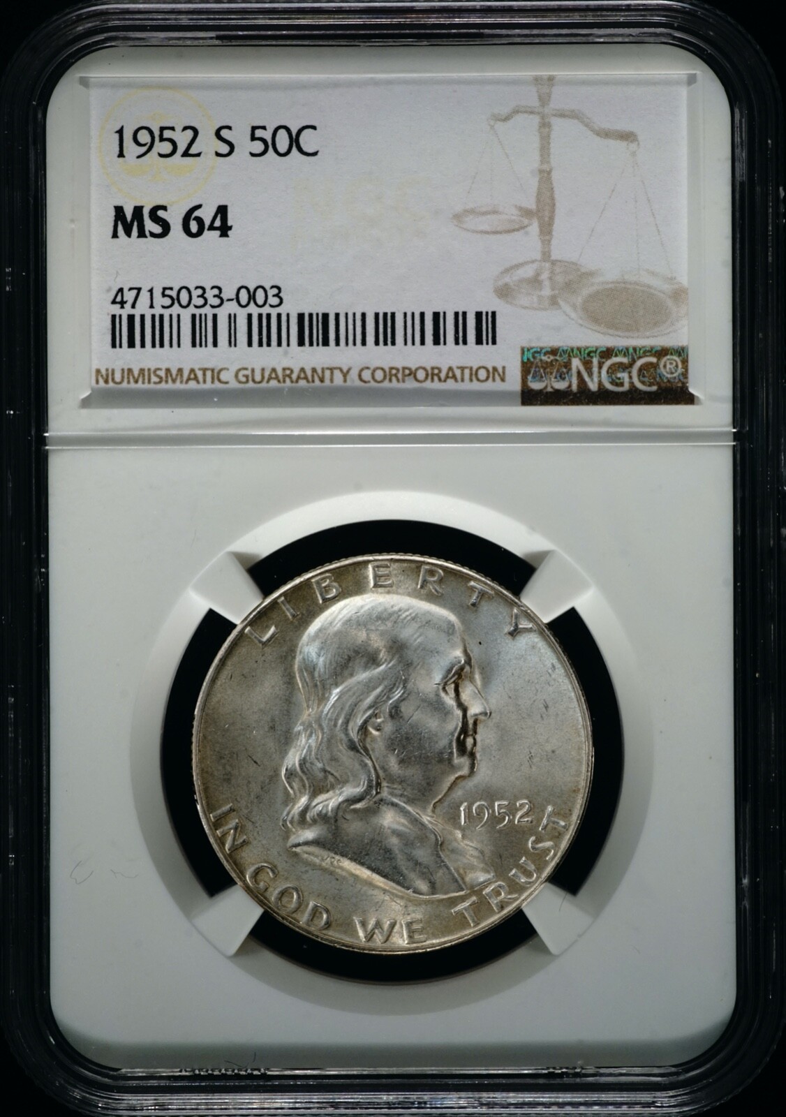 1952-S Franklin Half Silver UNC, NGC, MS64, Pass & Stow, Bell Lines, 033-003