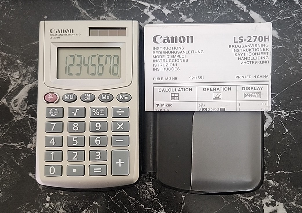 Canon Pocket Claculator Solar Powered LS-270H Case & Manual Excellent Condition