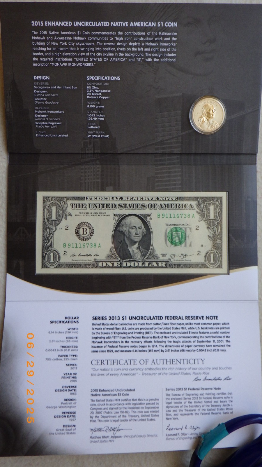 2015 W $1 Coin & Currency Set - Enhanced Mohawk Ironworkers, in Gov't Packaging