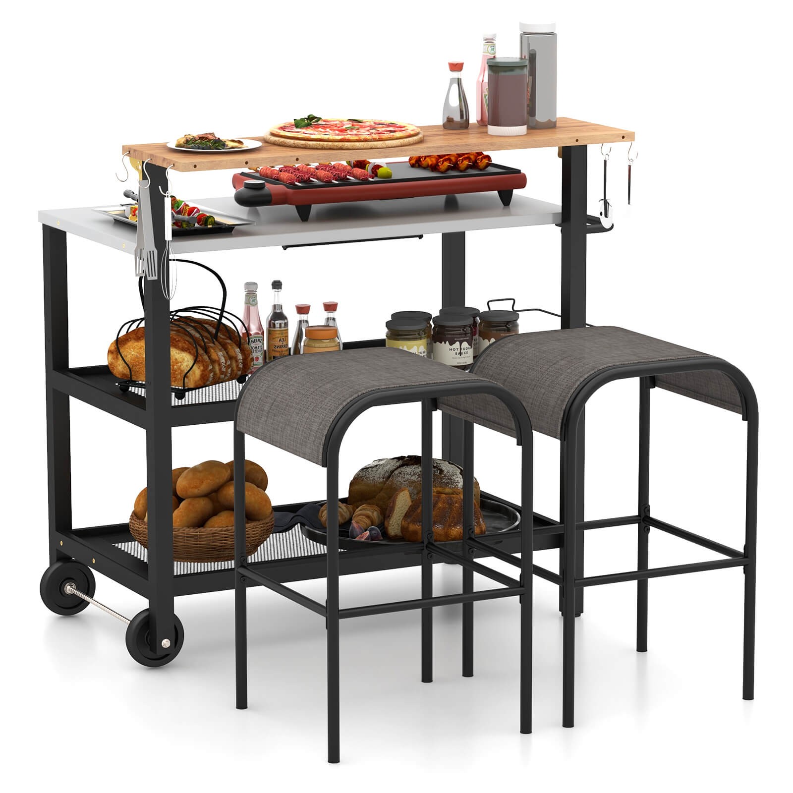 Rolling Bar Cart w/ Flip-up Table Hooks Paper Towel Holder 2 Bistro Stools