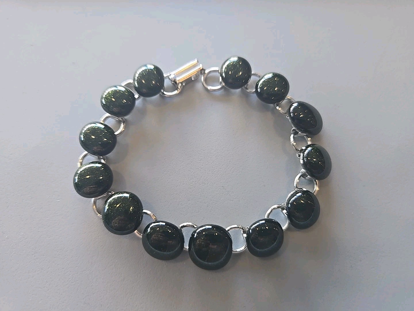 Handmade Dark Green Glitter Fused Glass Bracelet 7.5"