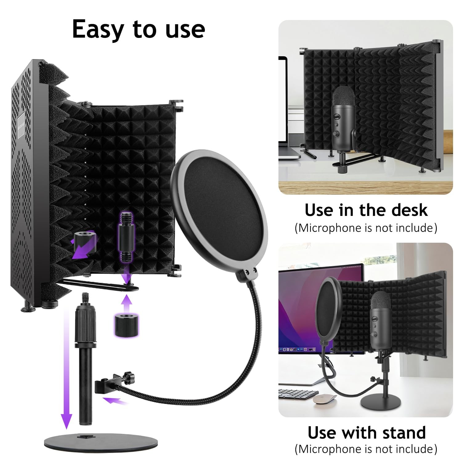 Microphone Isolation Shield, 3 Panels Sound Proof Mic Shield with Mic Stand a...