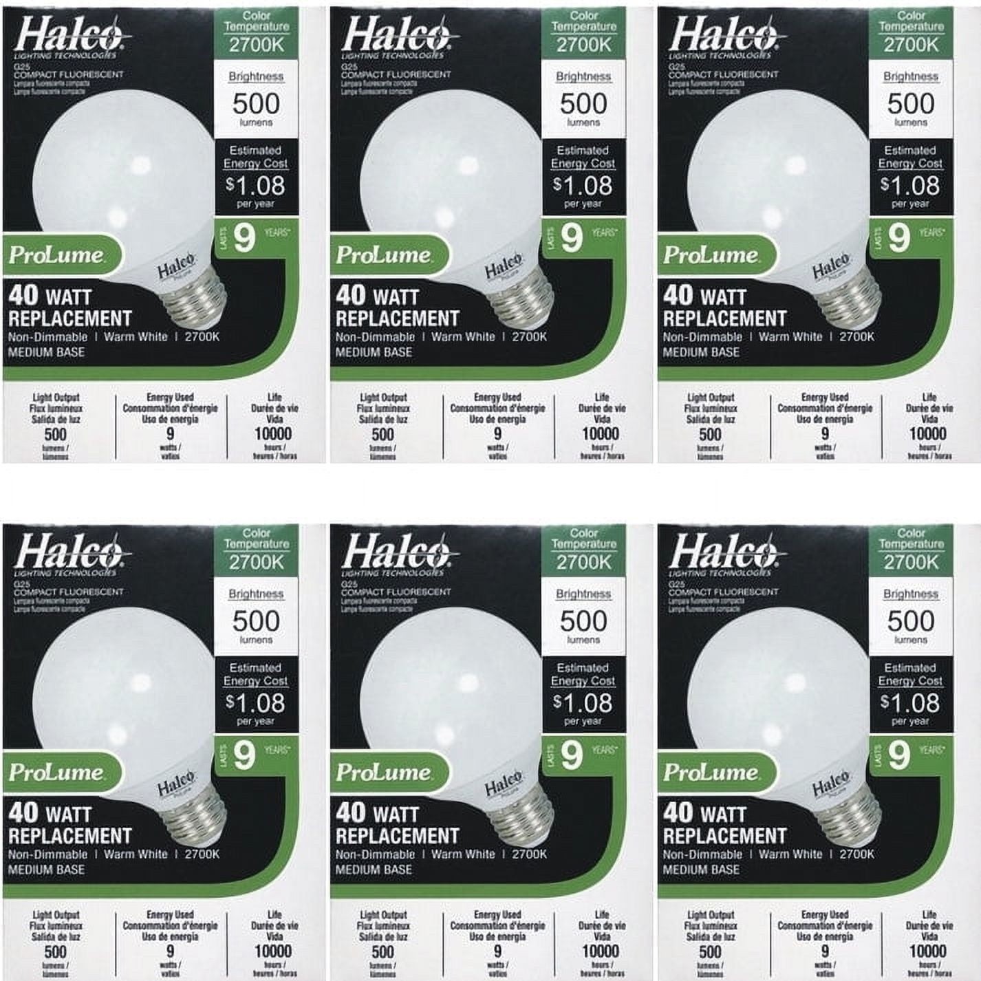 Pack of 6 Halco ProLume 9W Decorative Globe G25 CFL Bulb - Warm White, 40W Equiv