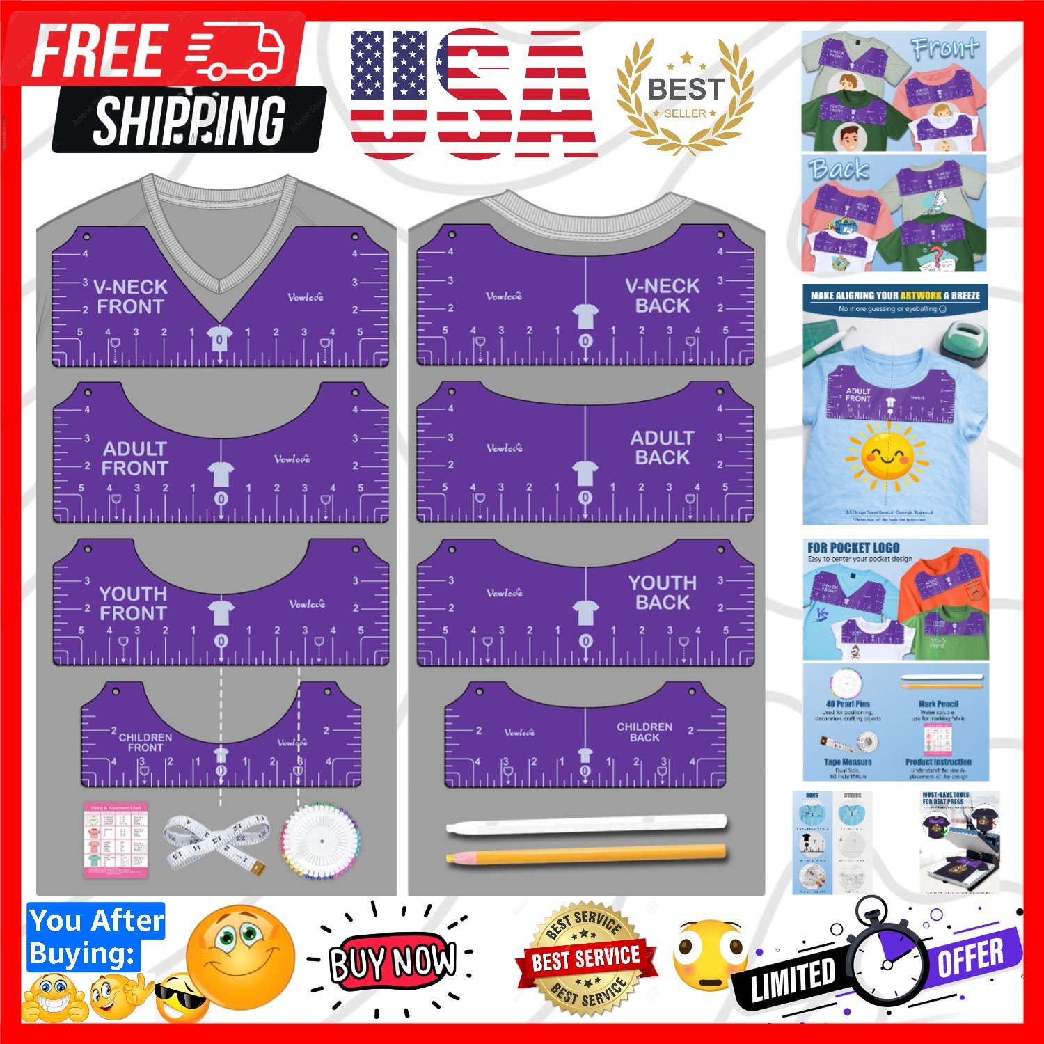 Tshirt Ruler Guide Set for Cricut, Shirt Measure Ruler Centering Tool, Access...