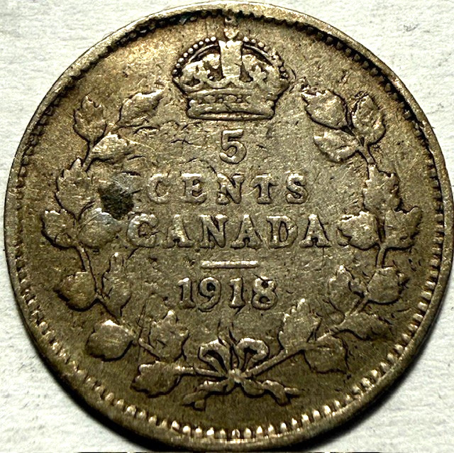 CANADA - George V - Silver 5 Cents - 1918 - Km-22 - CHEAP - FREE USA Shipping!