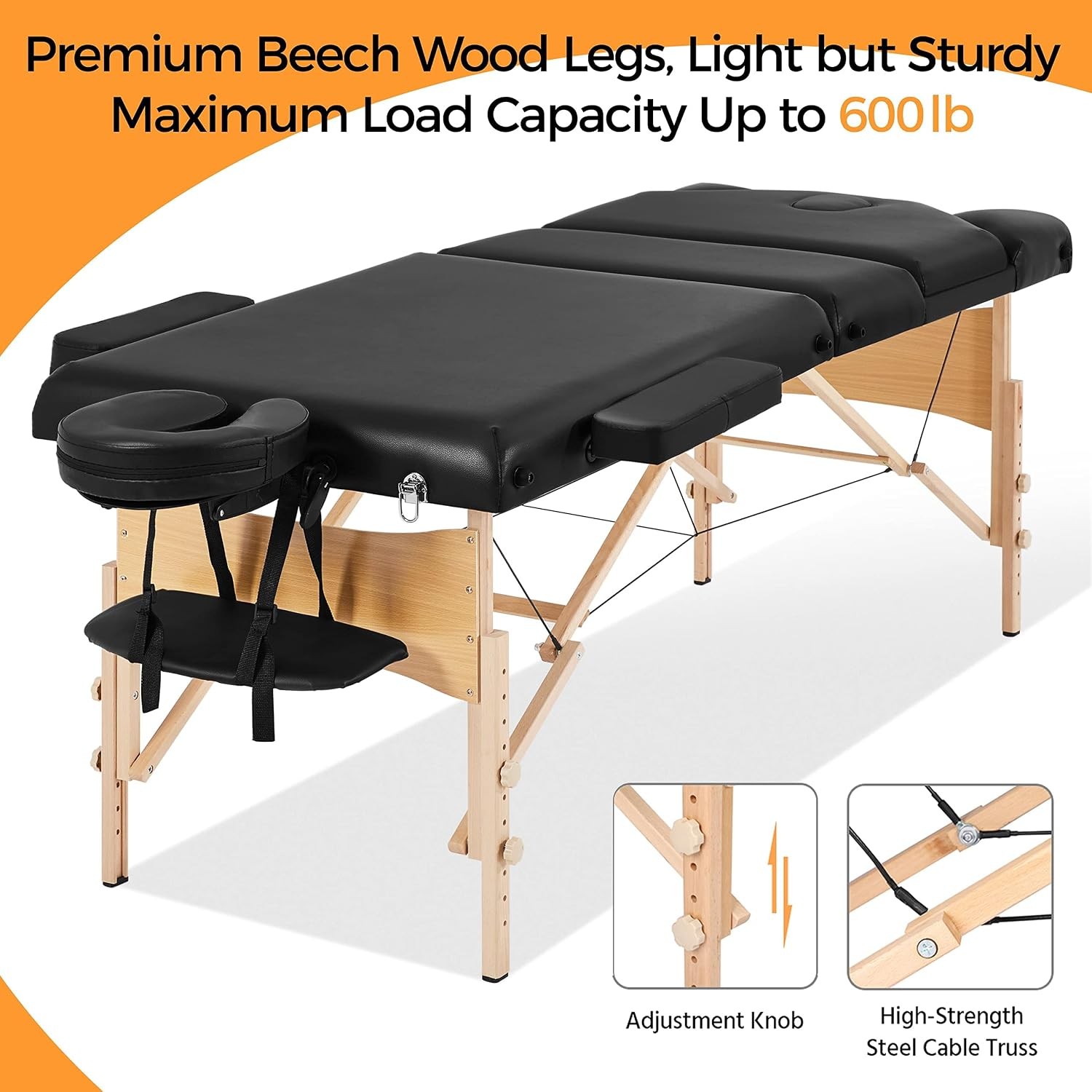 Massage Table Portable Height Adjustable Lash Bed 28in Wide Black |
