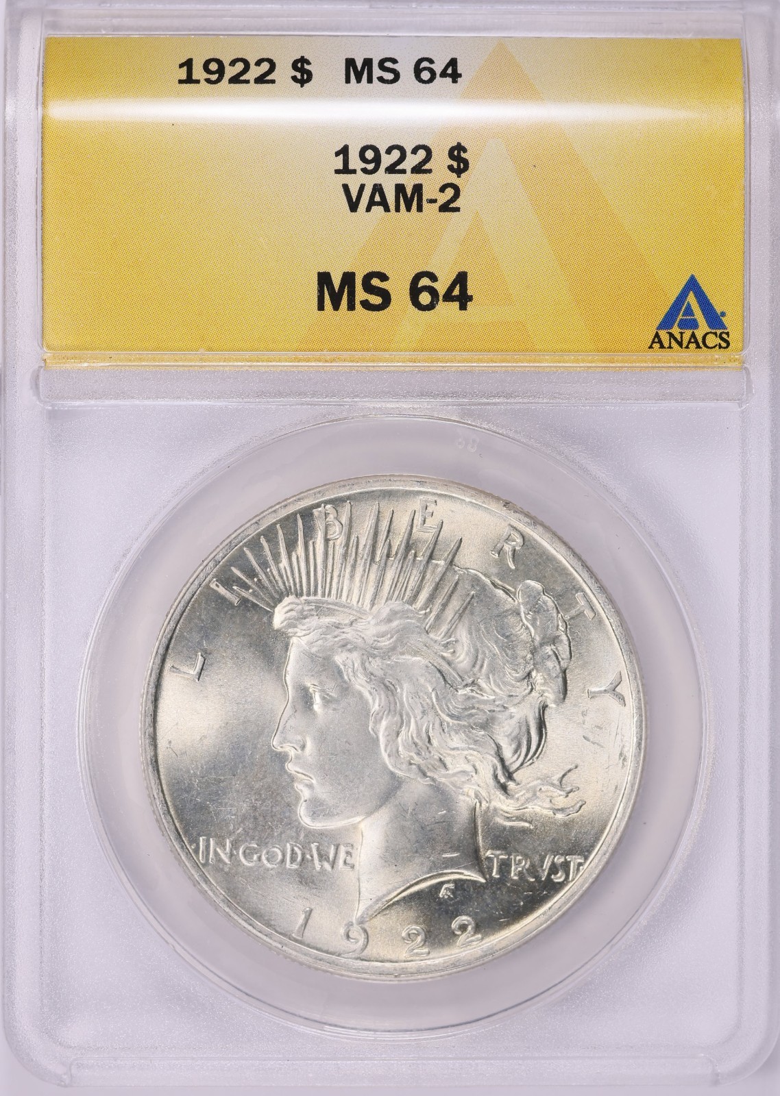 1922 Peace Silver Dollar ANACS MS-64 VAM-2 Variety