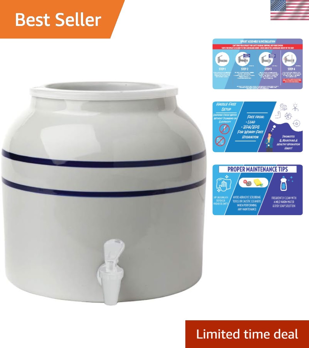 Elegant Porcelain Water Dispenser with BPA-Free Spigot - 2.5 Gallon, Blue Stripe