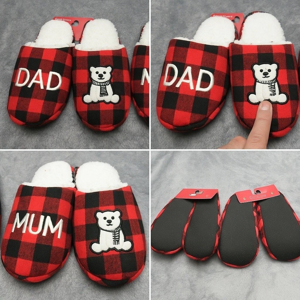 Slippers Dad Mum Buffalo Plaid 9-10 Plush Family Slip On Sherpa Two Pairs Read