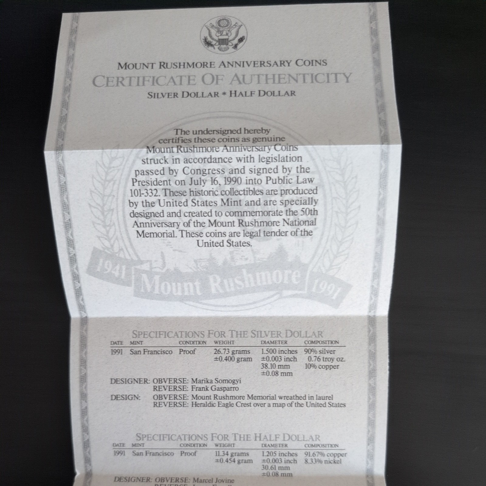 US Mint 1991 Prestige Proof 7 Coin Set Mount Rushmore Commemorative Silver $1