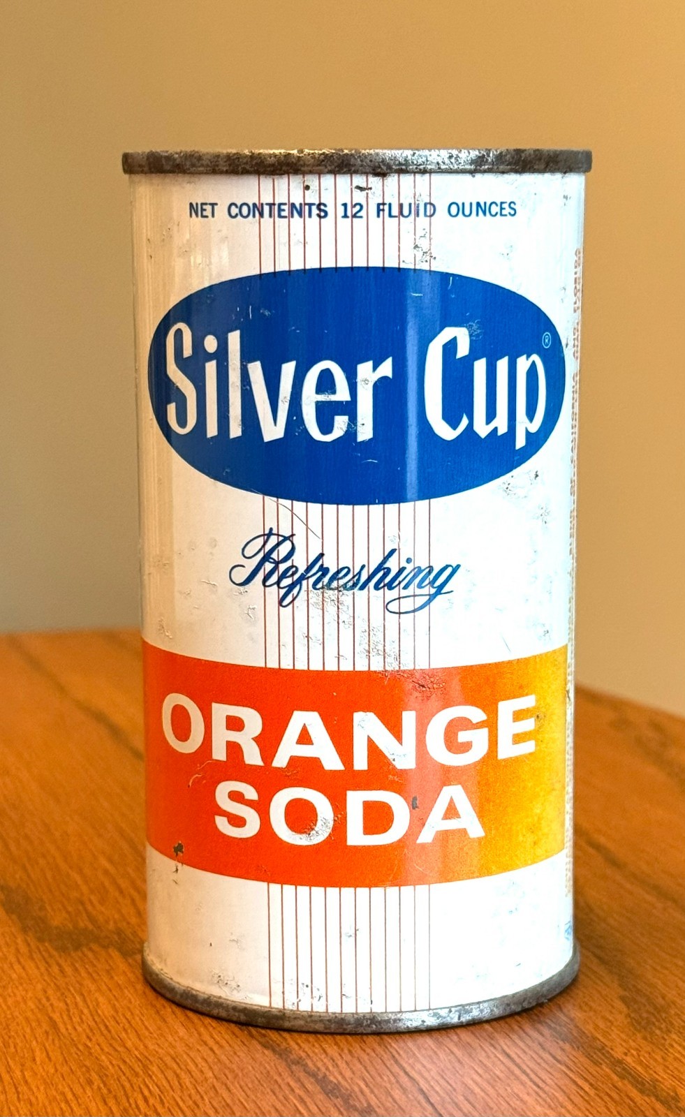 *Very Rare* Silver Cup Refreshing Orange Pre-Zip Code Flat Top Soda Can