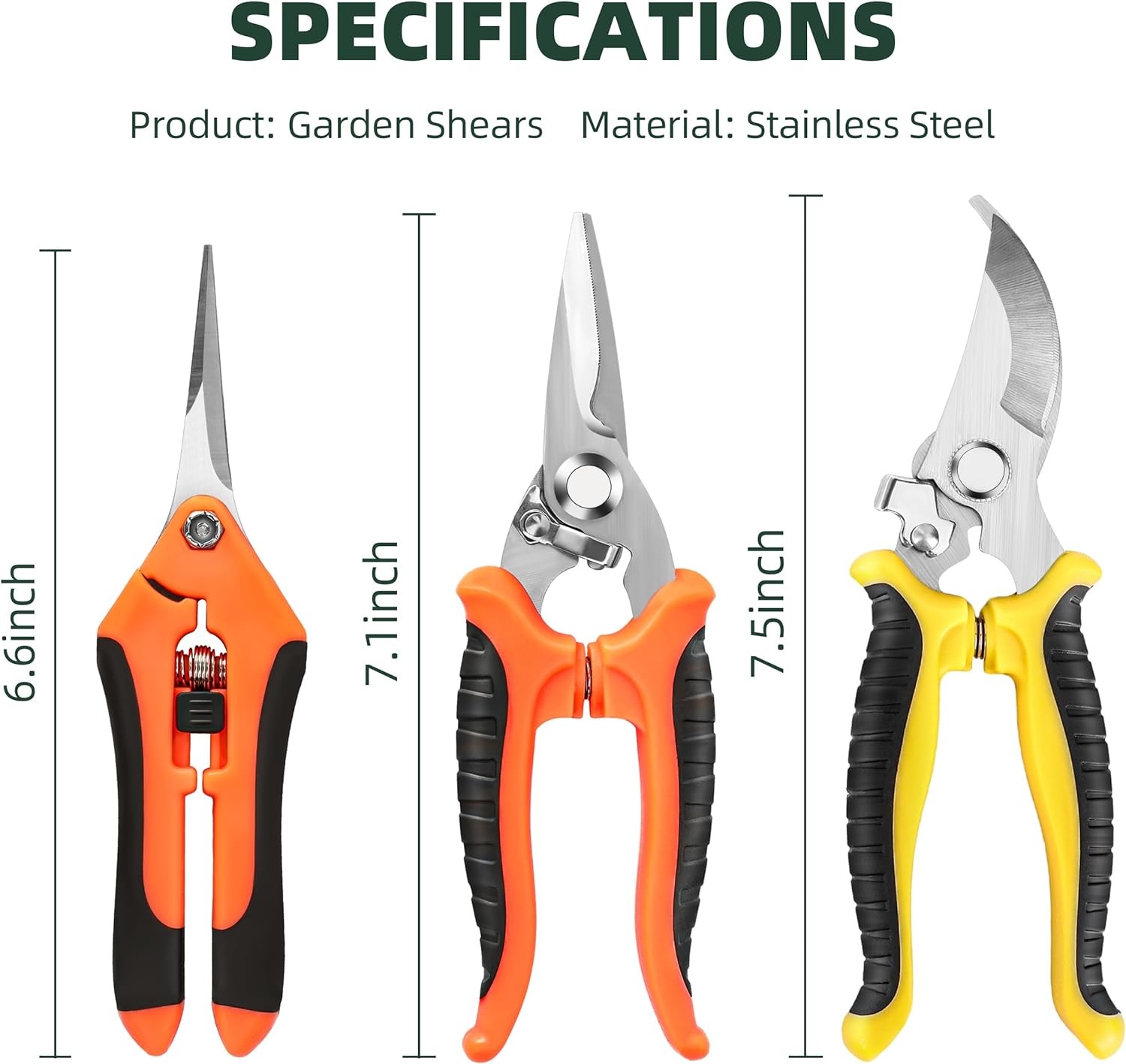 3-Pack Stainless Steel Pruning Shears, Snips Yellow, Orange, Black