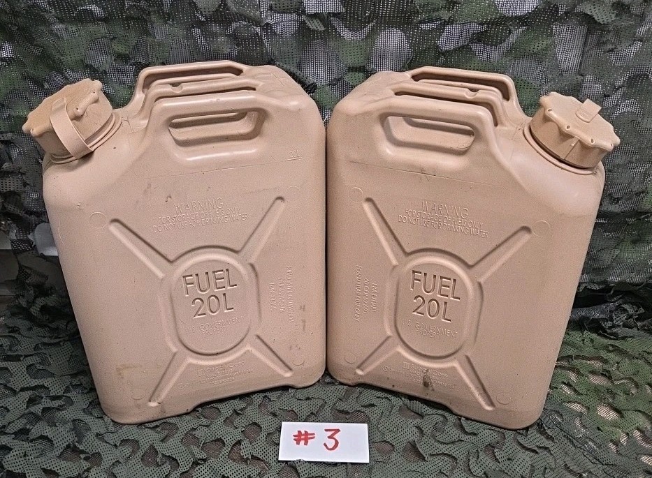 Lot of 2  U.S. MILITARY FUEL CANS (MFC) 5 Gallon/20 Liter Sand #3 Gas #3 HMMWV