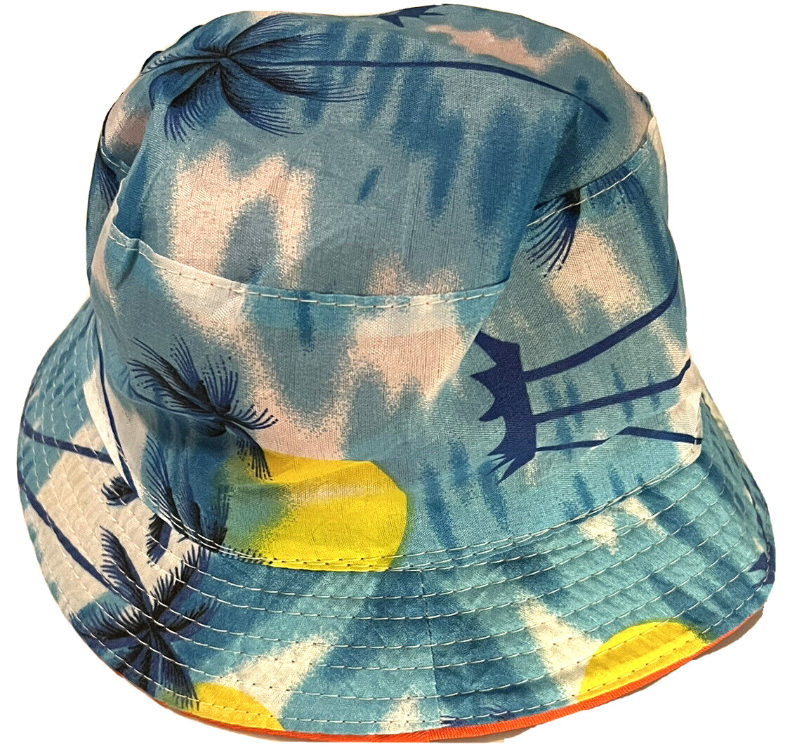 Hat Bucket Reversible Kids Unisex Print Palm Tree or Neon Orange 10.5" Wide