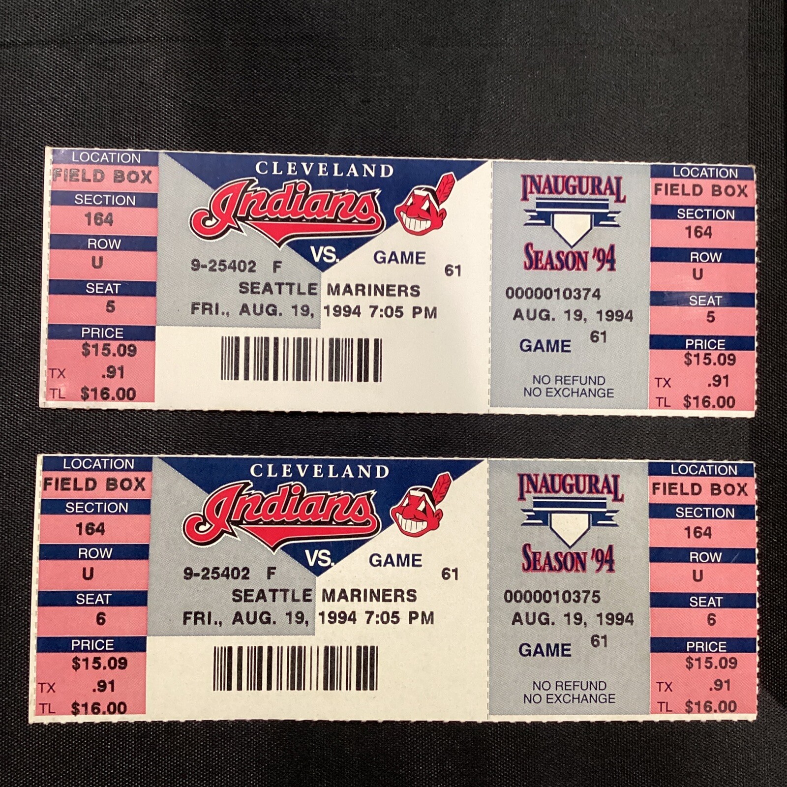 1994 Aug 19 Seattle Mariners at Cleveland Indians Ticket Pair game not played