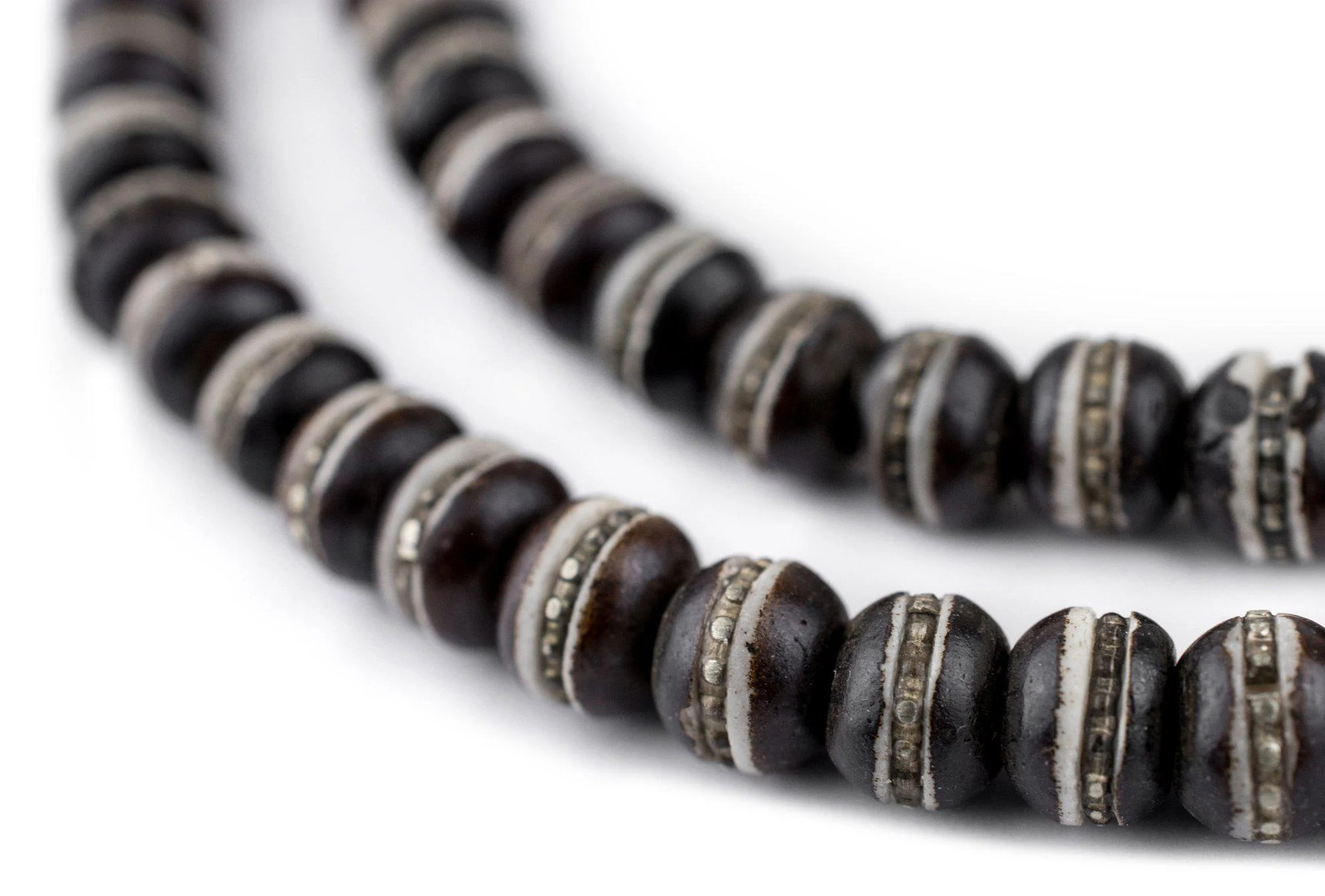 Silver-Inlaid Black Bone Mala Beads 8mm Nepal Round Large Hole 28 Inch Strand