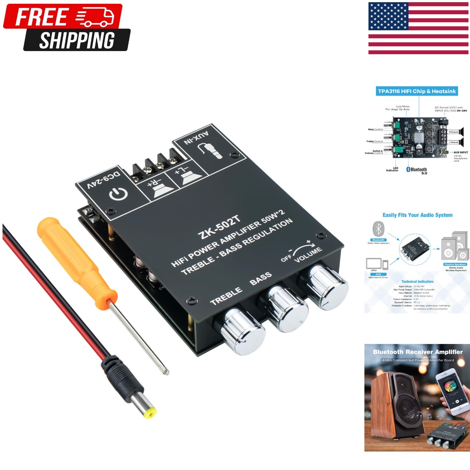 ZK-502T 100W Bluetooth 5.0 Amplifier Board with Treble and Bass Control,...