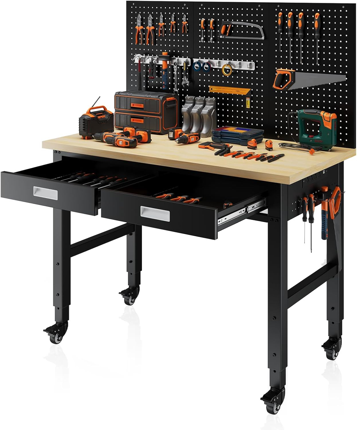 48" Heavy Duty Workbench with Power Outlets, Pegboard & Storage Drawers, 2000 LB