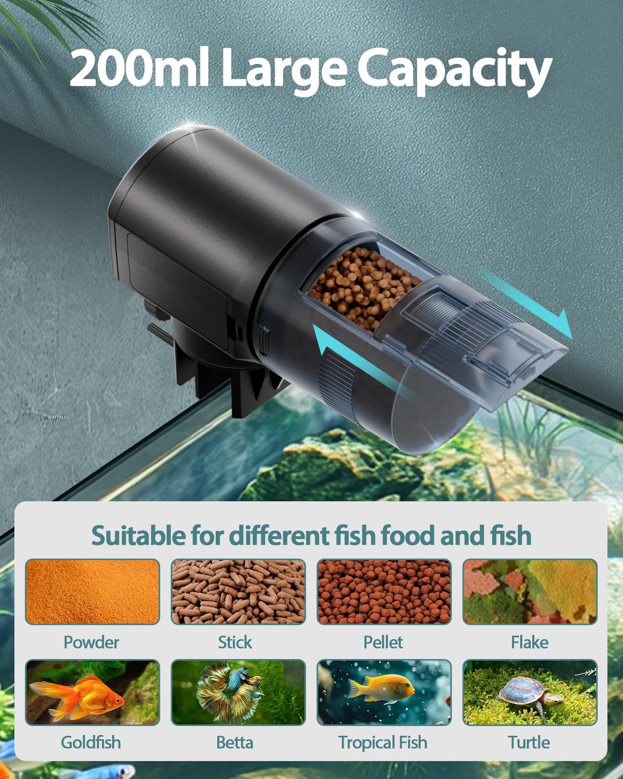 Automatic Fish Feeder Dispenser for Aquarium: 200ml Large Capacity Auto Black