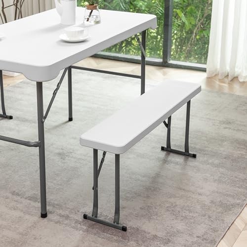 Folding Picnic Table Set White Heavy Duty HDPE Rectangle Table Two Benches