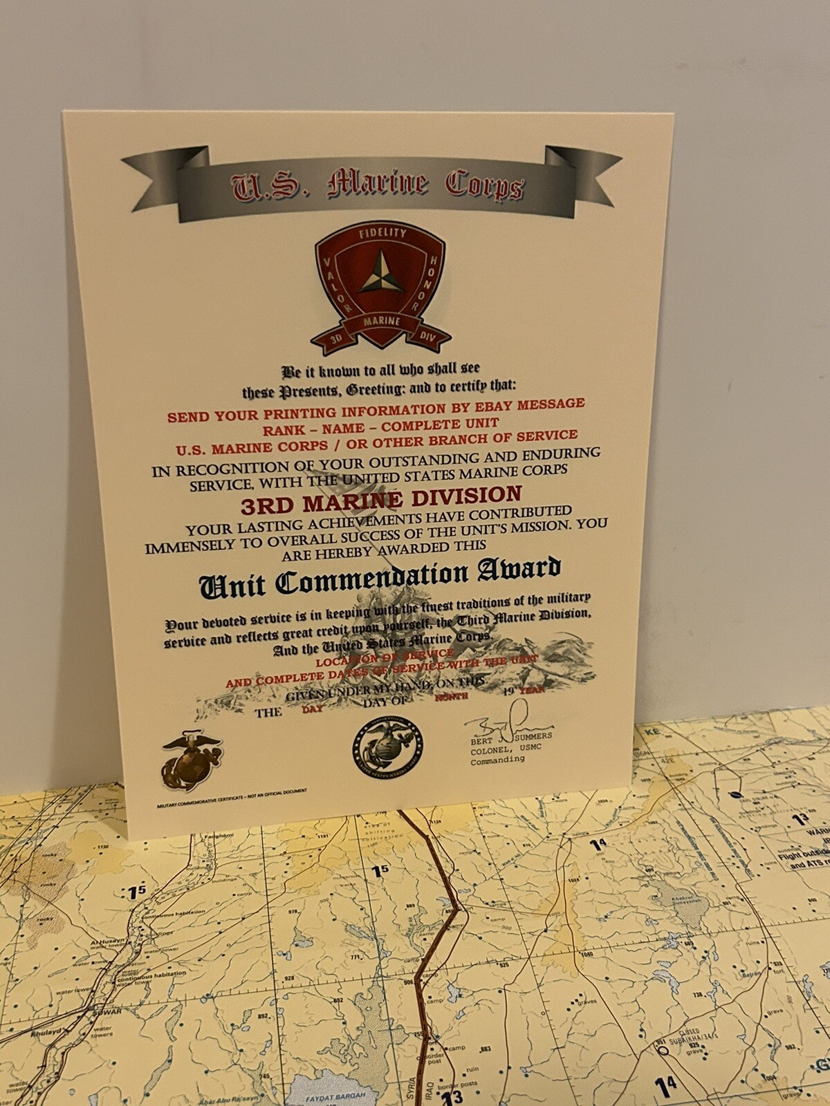 U.S.M.C. / 3RD MARINE DIVISION ~ UNIT COMMENDATION AWARD / CERTIFICATE
