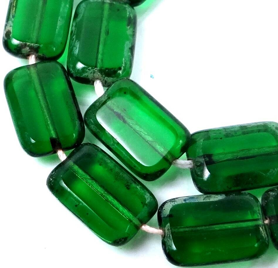 12x8mm Czech Glass Rectangle Beads Green Emerald - Picasso (12)