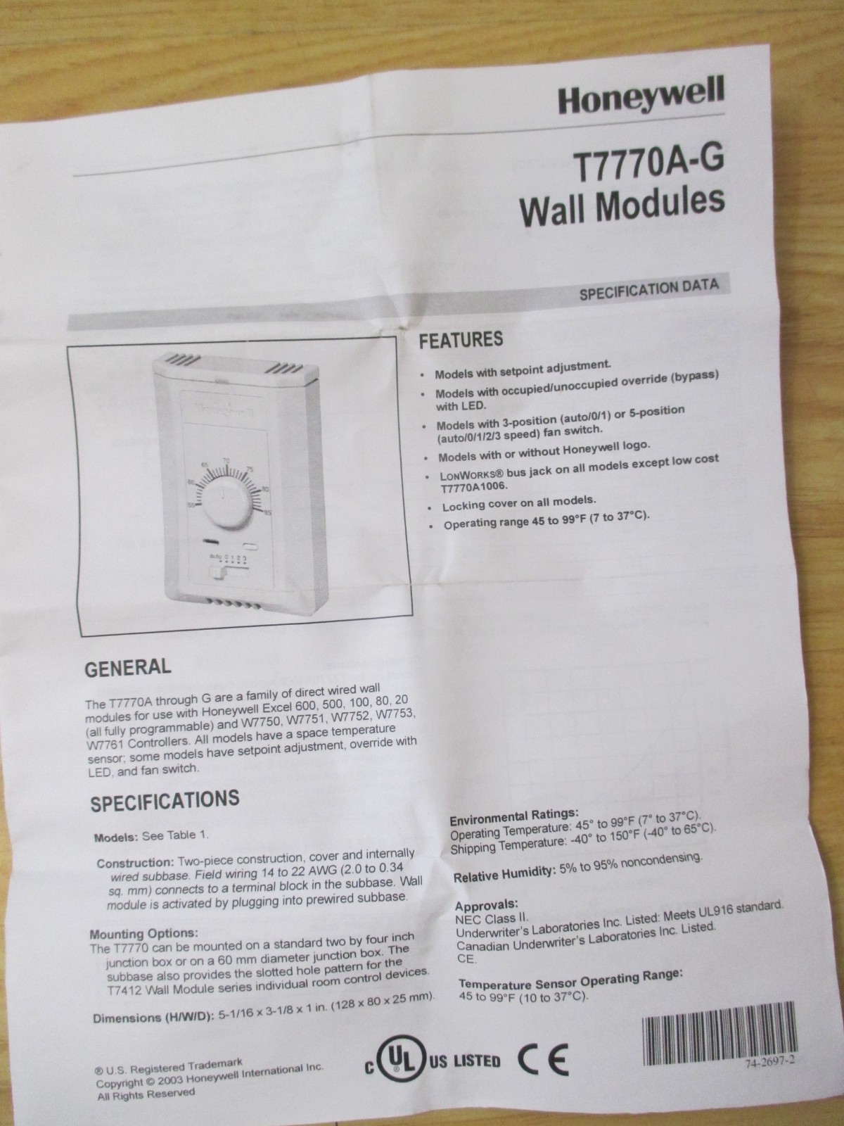 Honeywell T7770D 1000 Wall Mount 20K OHM NTC Temp Sensor, NOS - FAST SHIPPING