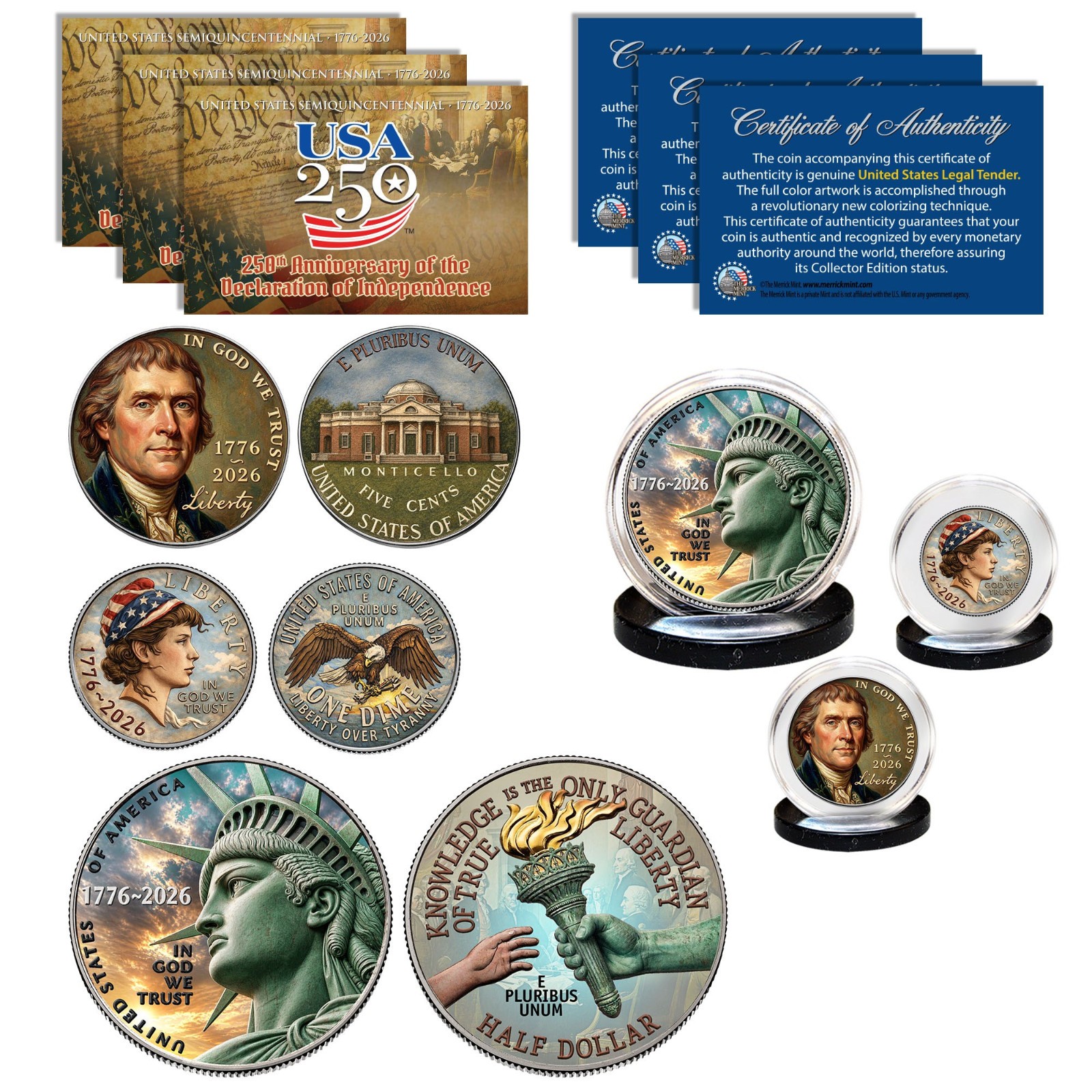 2026 America 250 SemiQ Half Dollar Dime Nickel * Colorized 2-Sided * 3-Coin Set