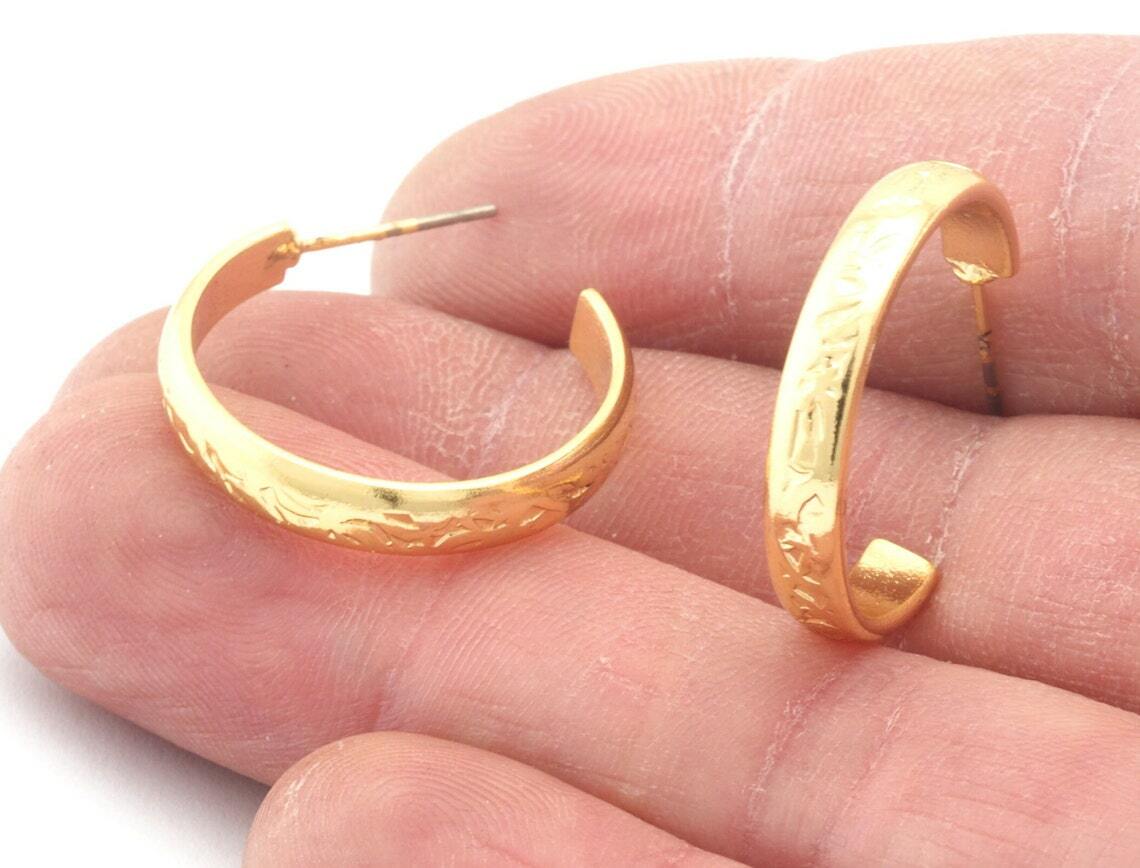 1 pair Hoop textured symbols round Earrings stud base Shiny gold brass 23mm 4209