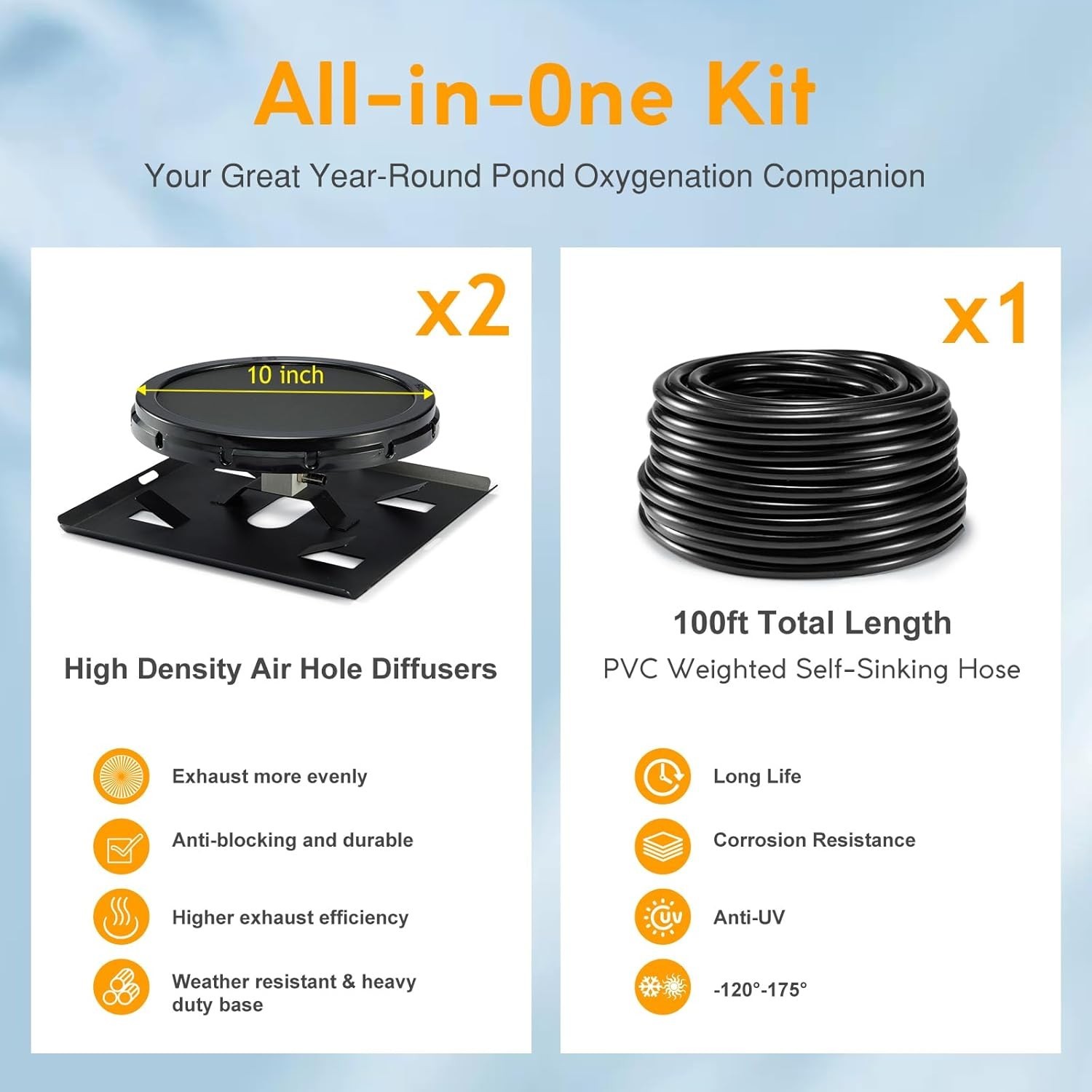 Outdoor Pond Aerator System 100ft Sinking Air Line 5.76 CFM with 2 Diffusers