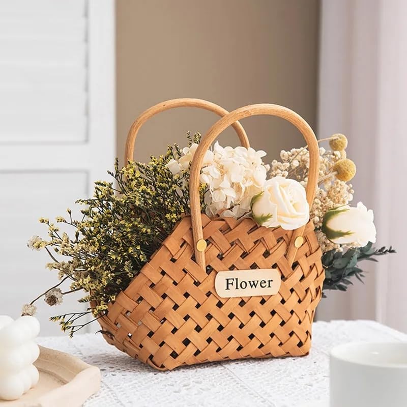 Wood Baskets Woven Hand-Held Wicker Cachepot For Flowers Pot Wicker Baskets Girl