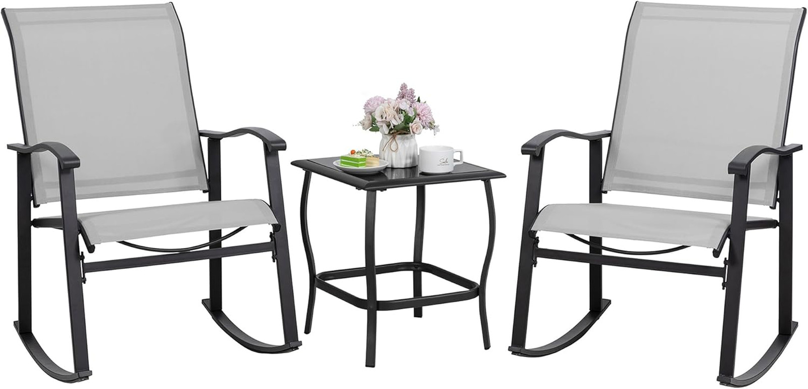 3 Piece Rocking Bistro Set, Outdoor Furniture with Rocker Chairs and Glass Coffe