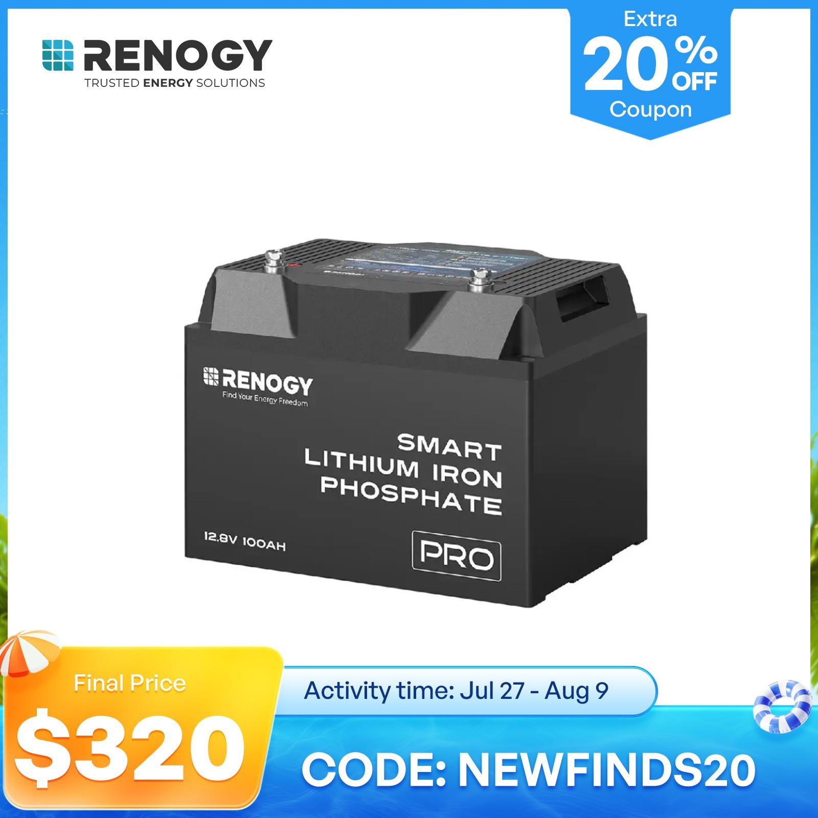 Renogy 12V 100Ah Smart Lithium Iron Phosphate Battery w/Bluetooth & Self-heating