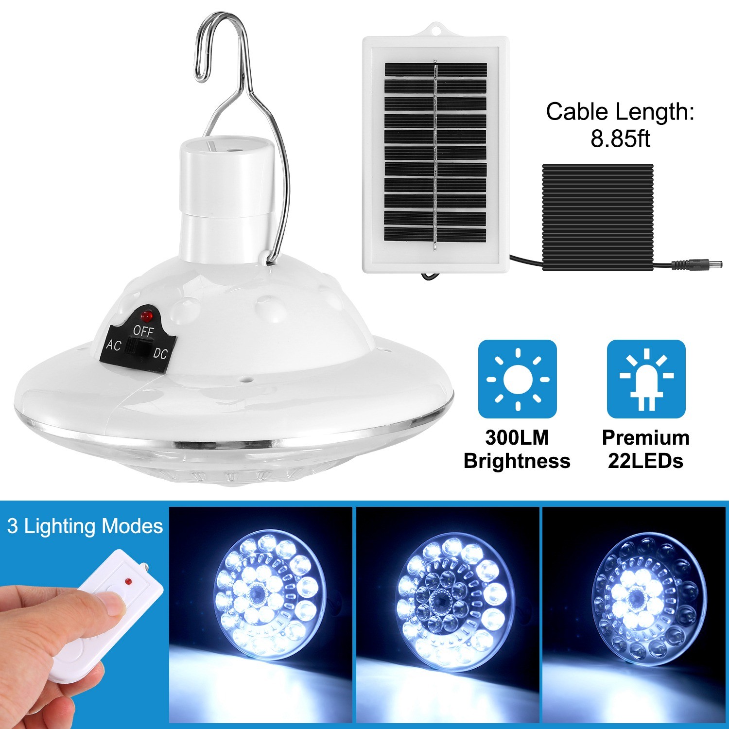 Solar LED Light Lamp 3 Light Modes Hanging Tent&Patio Light for Camping Garden