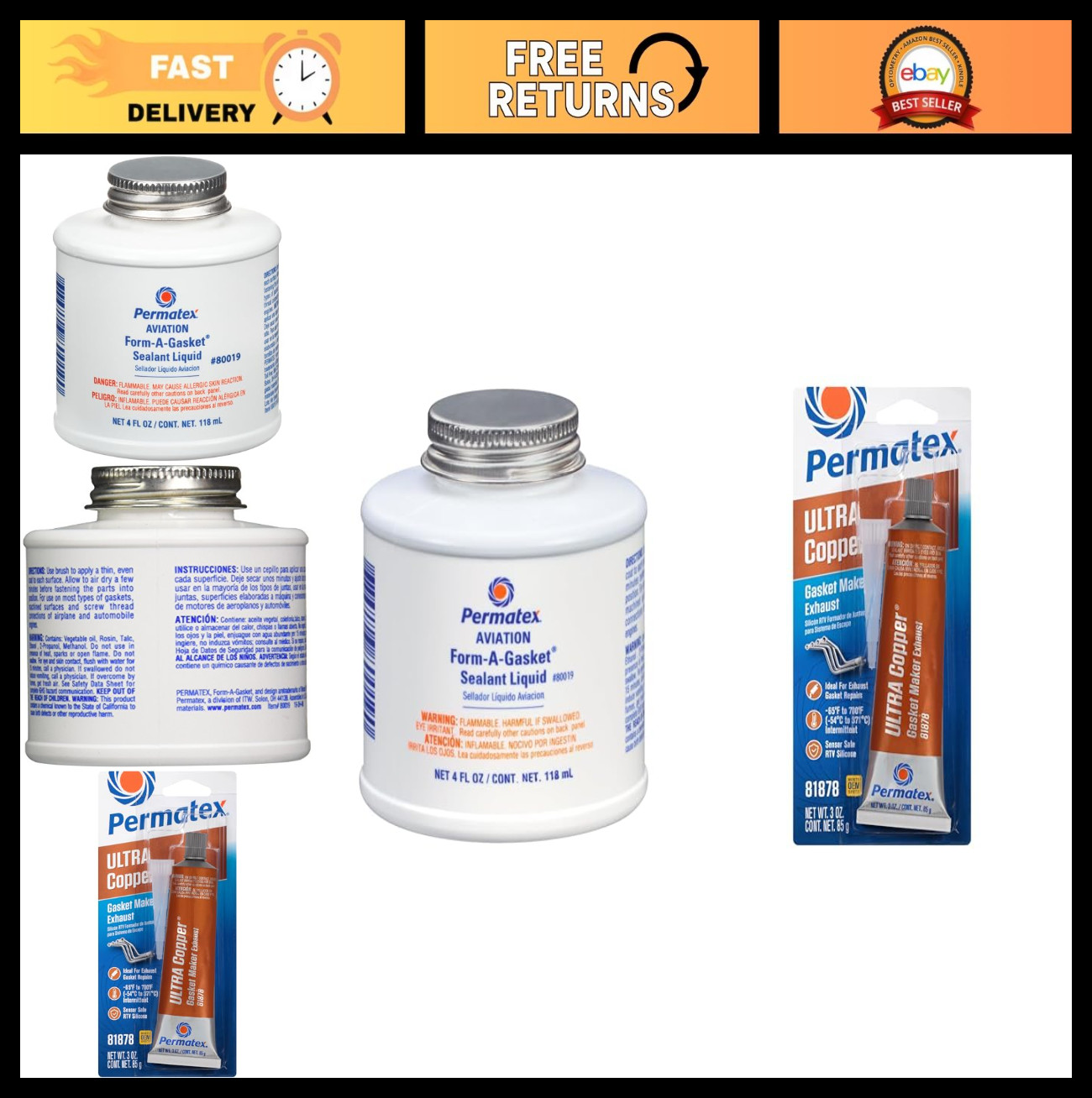Aviation Form-A-Gasket Sealant & Ultra Copper RTV Silicone Gasket Maker Set 7 oz