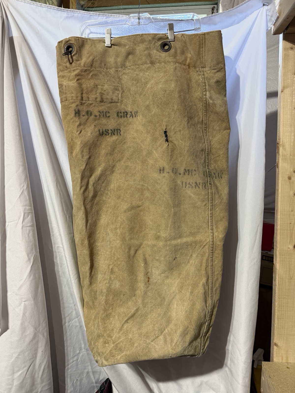 Vintage U.S. Navy Military Duffle Bag White Canvas Travel Seabag NAMED